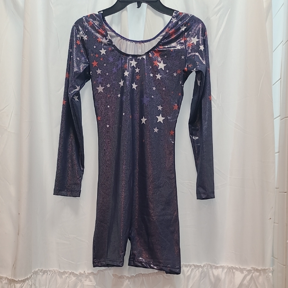 Metallic Star Print Long Sleeve Gymnastics Leotard Romper - Navy